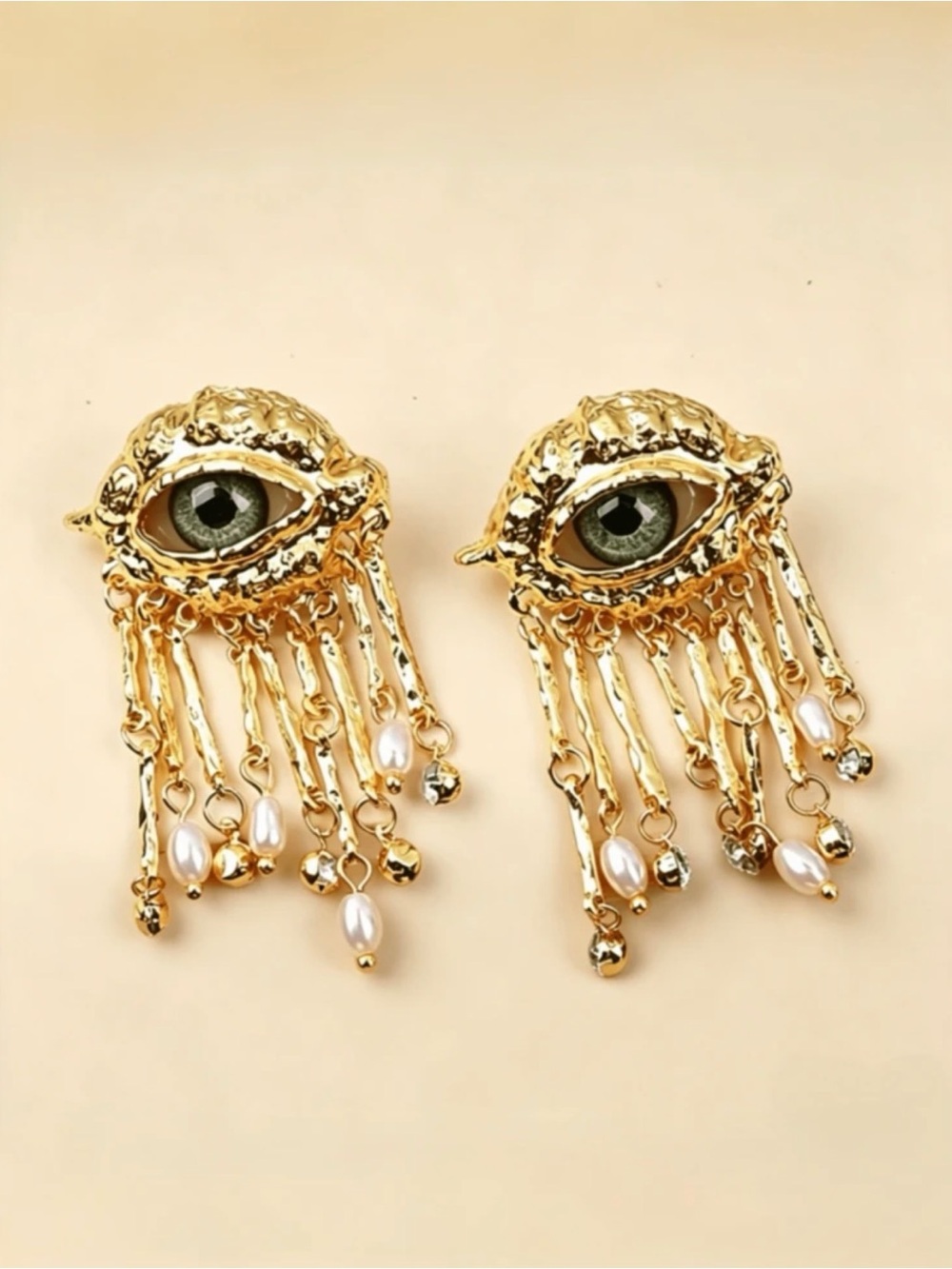 Evil Eye Statement Earrings Gold Tone Fringe Dangle Pearl Accents
